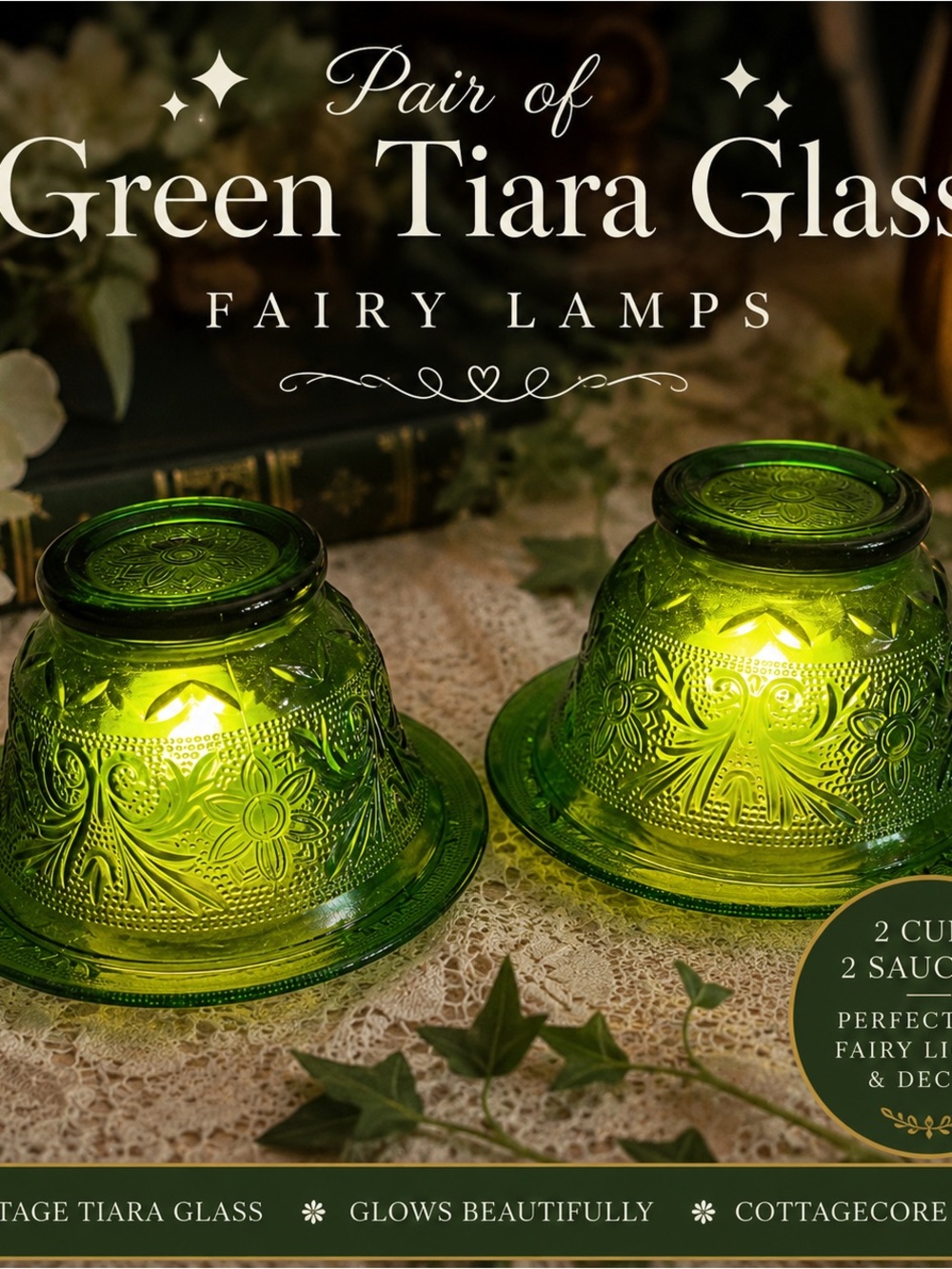 Pair of Green Tiara Glass Fairy Lamps Vintage Sandwich Glass Cottagecore Glow
